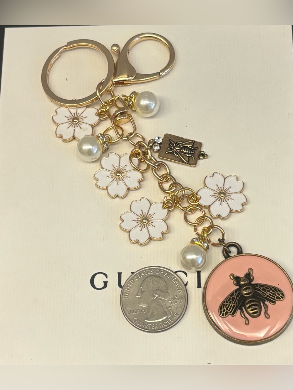 Gucci Pink Enamel Bee
Medallion Pendant, enamel flowers, bag charm 6 in. - Picture 3 of 4